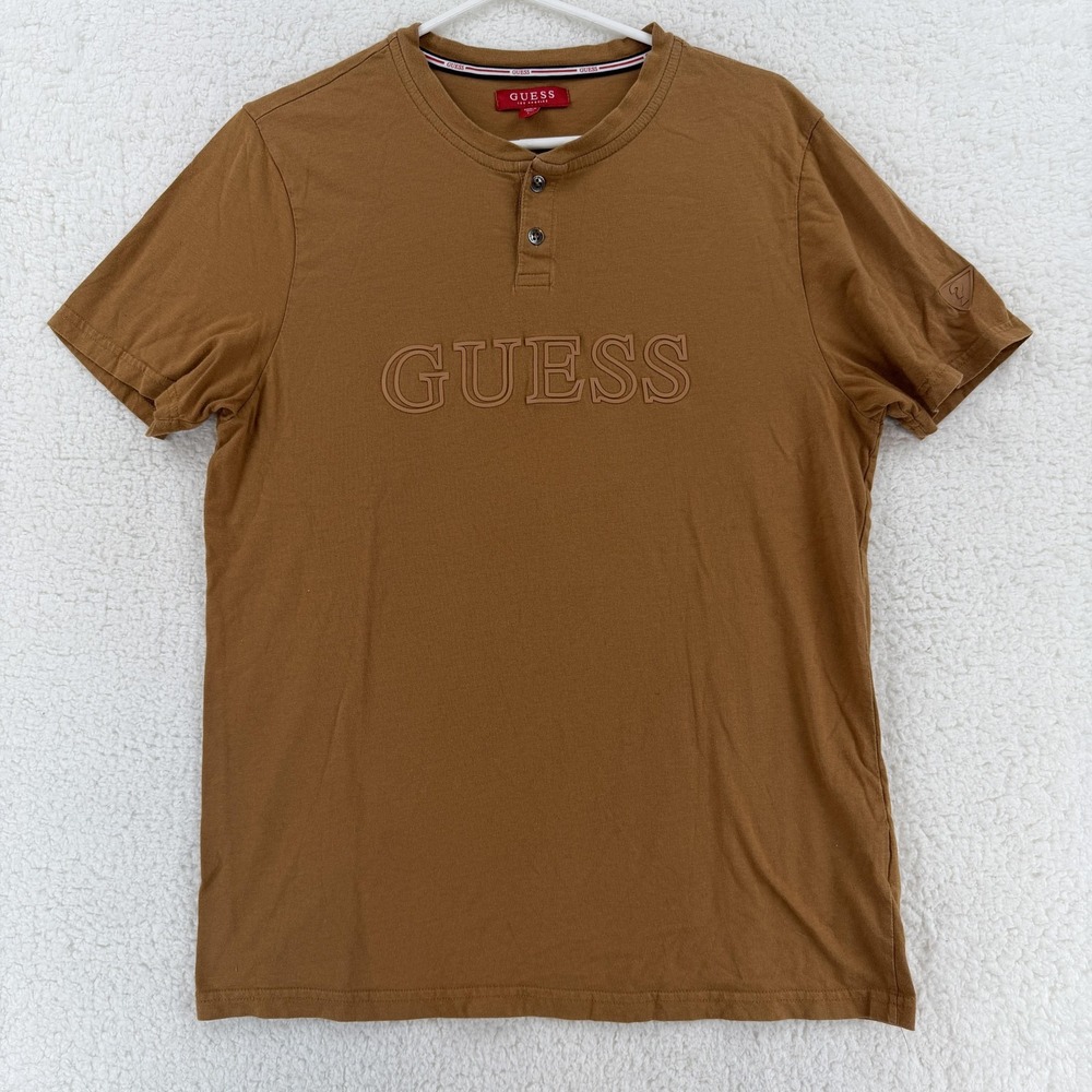 Guess Shirt Mens Large Brown‎ Henley Short Sleeve Logo 100% Cotton Casual